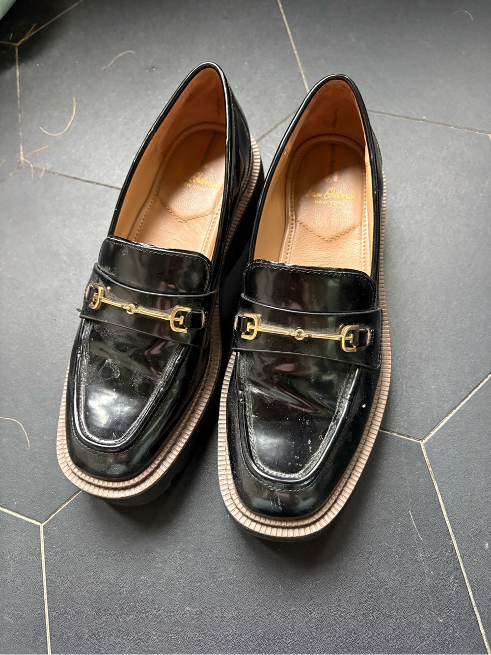 Sam Edelman Black Patent Leather Loafers with Gold Bit Accent